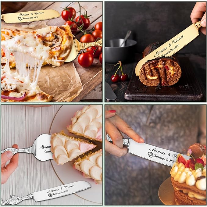 HJX Personalized Wedding Cake Knife and Server Set - Custom Name Engraved Cutting Set with Elegant Gift Box, Ideal for Bridal Wedding Anniversary Birthday Gifts (Rose handle)