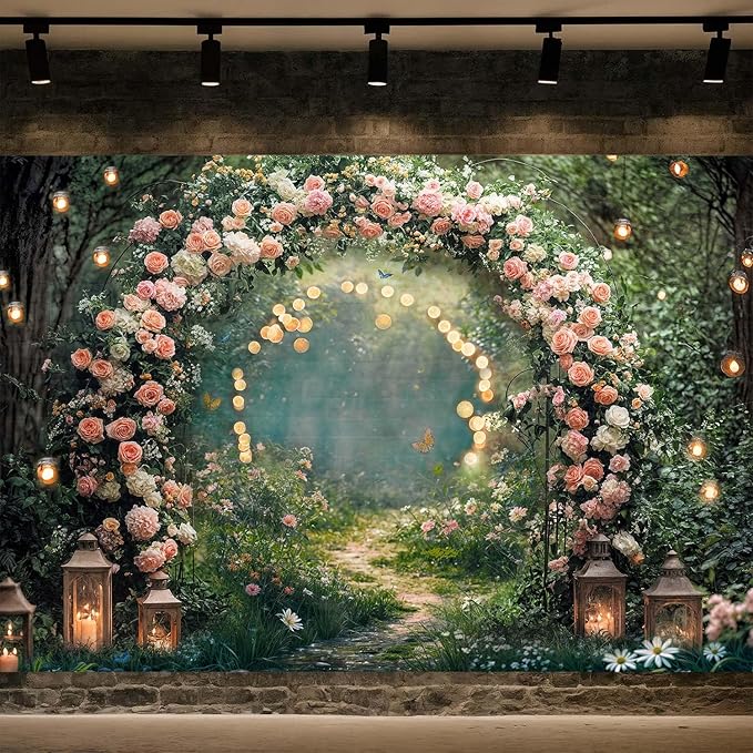 5x4ft Enchanted Forest Wedding Photography Backdrop Wonderland Roses Fairy Tale Backdrop Pink Flower Birthday Newborn Baby Shower Wedding Bridal Party Banner Photo Booth Props Anniversary Background