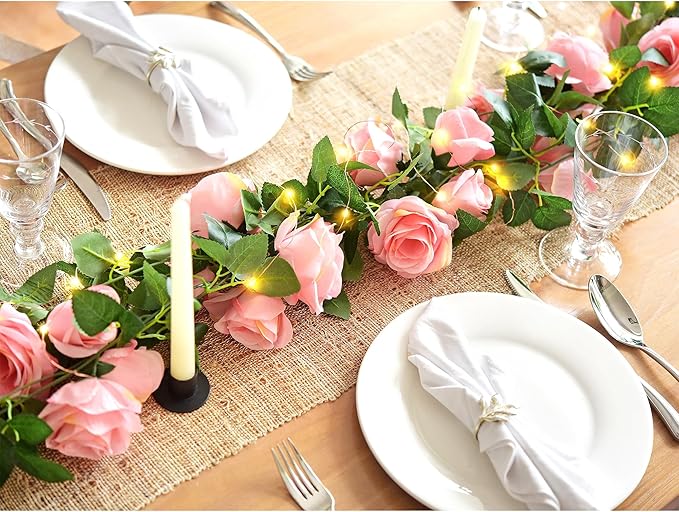 FiveSeasonStuff 29 Ft 4 Pack Amaranth Light Pink Rose Silk Flower Garland Artificial Flowers Decoration Hanging Floral with 66 feet String Lights