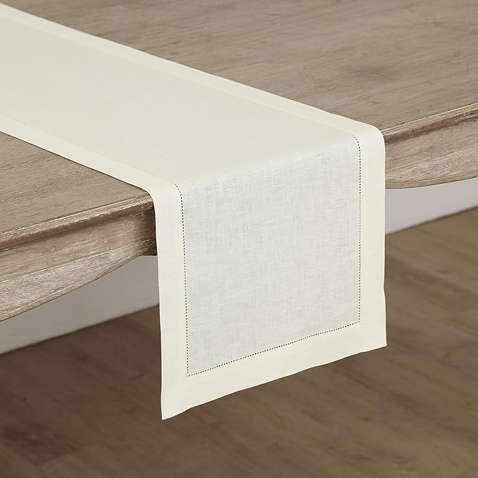 Solino Home Linen Ivory Table Runner 108 Inches Long - 100% Pure Linen 14 x 108 Inch Table Runner for Fall, Autumn, Thanksgiving, Christmas - Classic Hemstitch