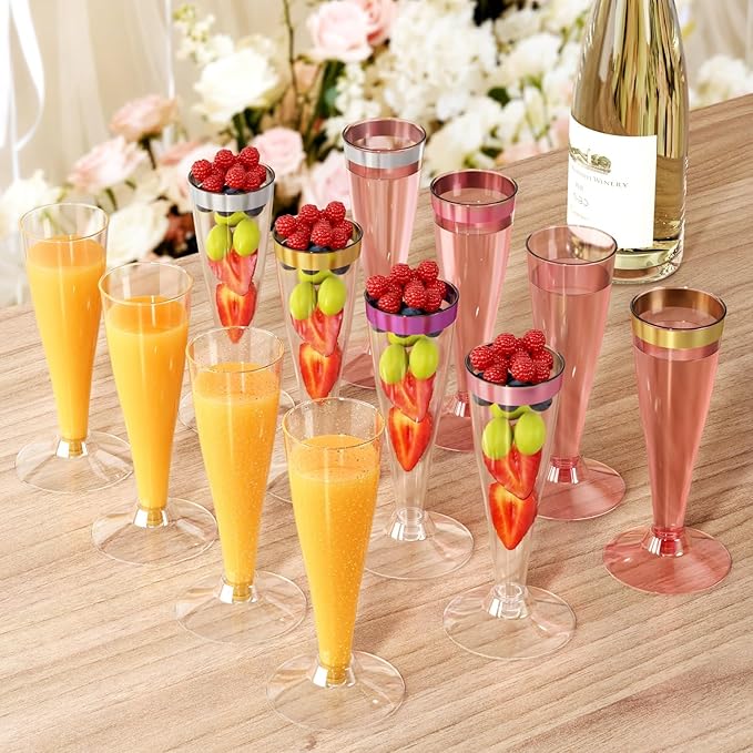 100 Pack Pink Champagne Flutes Plastic Wine Glasses Disposable, 4.5 Oz Clear Mimosa Glasses for 2025 Engagement Wedding Birthday New Years Eve Xmas Party Supplies, Bulk Toasting Cocktail Cups
