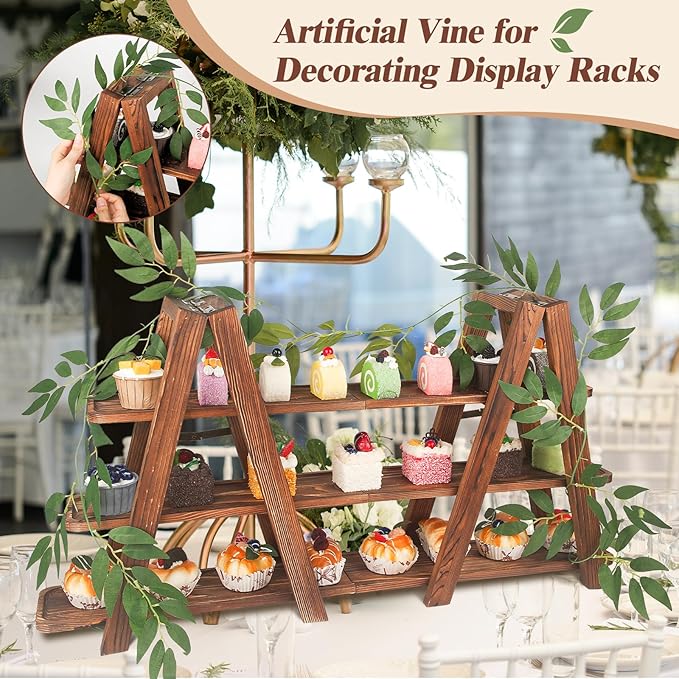 Wooden 3-Tier Cupcake Stand with Removable Trays & Vine Decoration – Foldable Party Display Serving Ladder with Platter for Cake, Snacks, Fruits, Chips, Bread