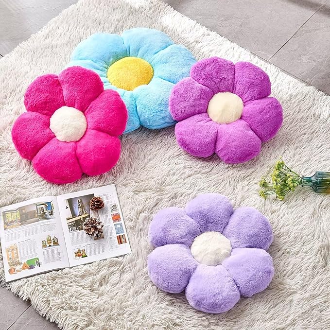Blue Flower Pillow, 17.7" Flower Shaped Plush Decorative Throw Pillow for Bed