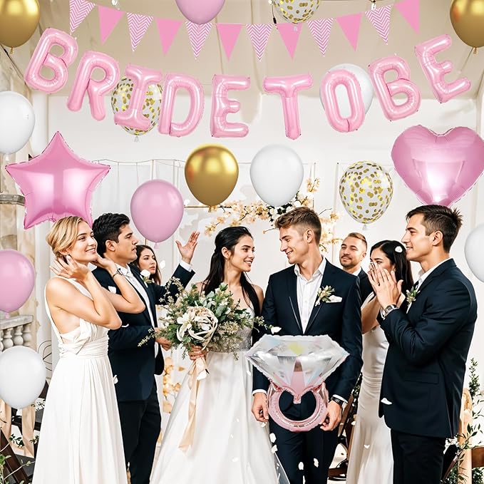 Pink and Gold Bachelorette Party Decorations, Pink Bride To Be Bridal Shower Balloons Decorations, Pink Gold Confetti Balloons with Diamond Ring Star Heart Balloon for Bachelorette Engagement Wedding