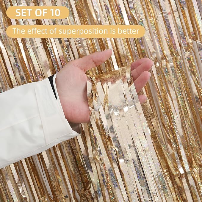 10 Pack Champagne Gold Backdrop Curtain 3.2ft x 8.2ft Metallic Tinsel Foil Fringe Curtains Photo Booth Background for Birthday Party Decoration Engagement Wedding Christmas Decor (Champagne Gold)