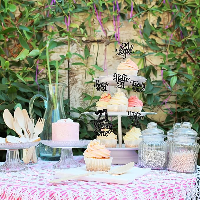 30pcs 21st Birthday Cupcake Toppers - Legal 21st Cupcake Picks - Cheers to 21 Years Old Cake Decorations - Black Glitter