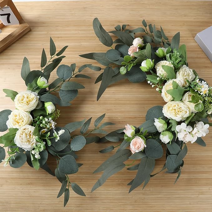 H&W 2pcs Artificial Wedding Arch Flowers for Wedding Sign, Floral Swag Dusty Decor for Reception Ceremony Backdrop Sweetheart Table (Champagne Colored Peony)