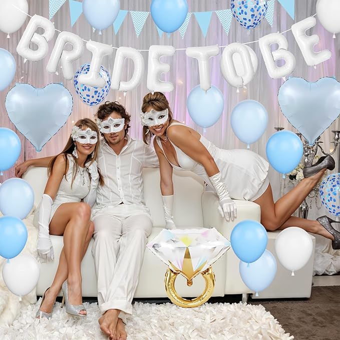 Blue White Bachelorette Party Decorations, White Bride To Be Bridal Shower Balloons Decorations, Blue Confetti Balloons with Diamond Ring Baby Blue Heart Balloon for Bachelorette Engagement Wedding
