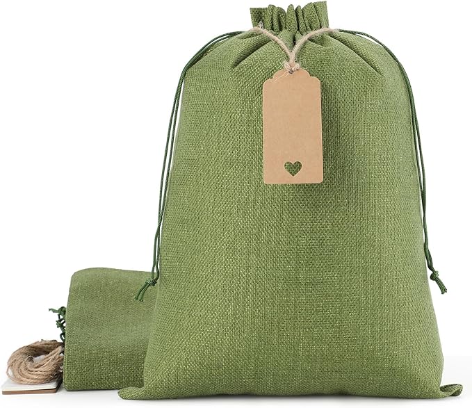 Tapleap Burlap Bags with Drawstring - 10Pcs 10x14 Green Gift Sacks for Wrapping Halloween Favors, Clothes, Toiletries, Breads, Root Ball, For Birthday, Wedding, Party or Household Use