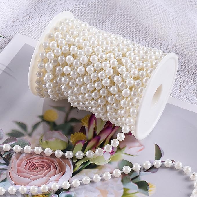 Craft String Pearls Bead 6MM, 33 Feet Ivory Fake Pearl Garland Beads Trim for Wedding Christmas Tree Decorations DIY