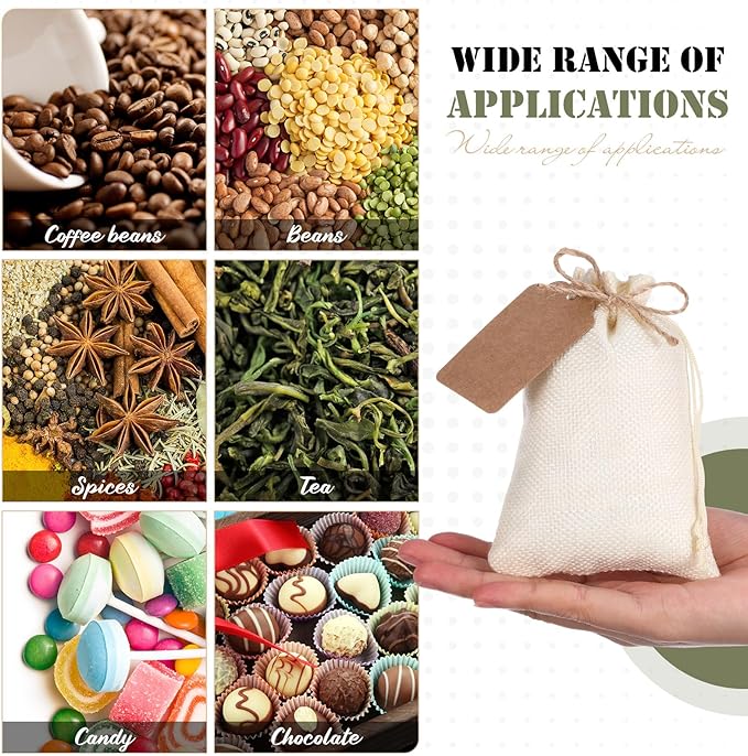 Woanger 100 Pcs Burlap Gift Bags with 100 Pcs Kraft Paper Gift Tags with Drawstring Favor Bulk Burlap Sack Bags for DIY Wedding Party Craft (4 x 6 Inch,Beige, Medium Brown, Dark Brown, Military Green)