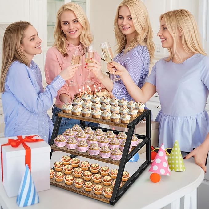 Cupcake Stand, 3 Tier Large Cupcake Stand for 50 Cupcakes Rustic Cupcake Display Stand Square Wood Dessert Table Display Set Cupcake Tower Tiered Tray Stand for Wedding Birthday Graduation Baby Shower