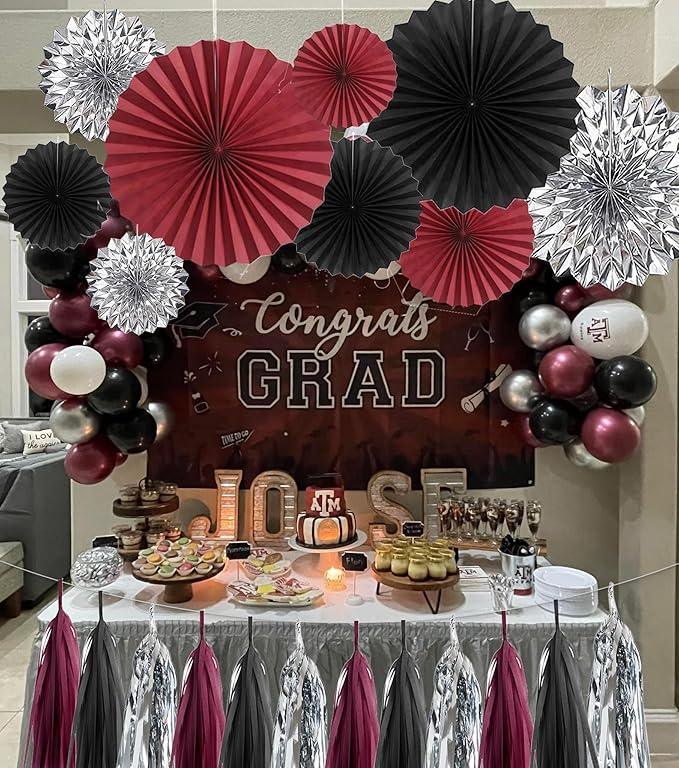 24PCS Maroon Decorations Burgundy Black Silver Party Decor Tassel Garland Banner Paper Flower Fans Streamers Wall Hanging Backdrop Graduation Wedding Birthday Bridal Shower