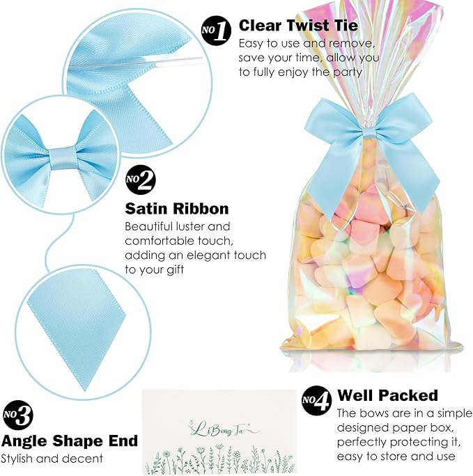 3.5" Blue Bow Satin Pre-Tied Bows for Gift Wrapping, Small Bows for Crafts, Premade Bows, Candy Apple Bows, Twist Tie Bows for Cake Decorating, Party Favor, Wedding Decoration-36 Counts