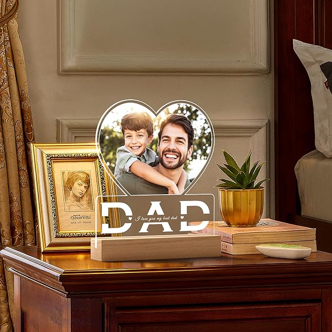 Personalized Dad Gifts for Dad from Daughter Son, Custom Picture Frames with Photo, Customized Photo Frame with Night Light, Personalized Birthday Gifts for Dad Baby Kid Family