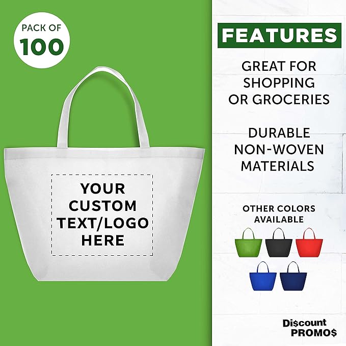 DISCOUNT PROMOS Custom Southern Style Grocery Tote Bags Set of 100 - Personalized Bulk Pack, Reusable Grocery & Shopping Bags - Great for Travel, Carry on Bag, Business Promotions - White - 20"X13"X8"