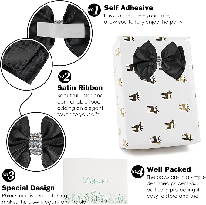 Black Satin Bows 4'' Premade Black Ribbon Bows, Gift Bows with Rhinestone, Wrapping Bows for Presents, Greeting Cards, Treat Bags, Wine Bottles, Valentines Bows for Gift Wrapping-12 Counts