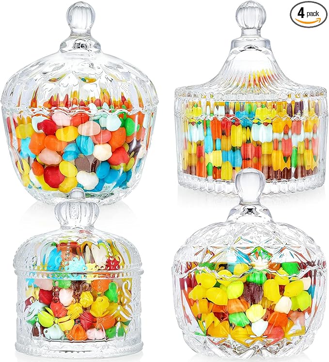 INFTYLE Glass Candy Dish with Lid Set of 4 Crystal Glass Candy Jar Jewelry Box Dappen Dish Cookie Jar for decorative storage gift idea (4pcs Clear)…