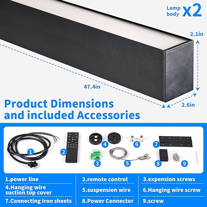 8FT LED Linear Light, 100W 15000lm Dimmable Suspended Linear Light, Linkingable Connection, 3000-6000K Color Changing, Prefect for Office Shop, Gym ETL-Listed 2-Pack