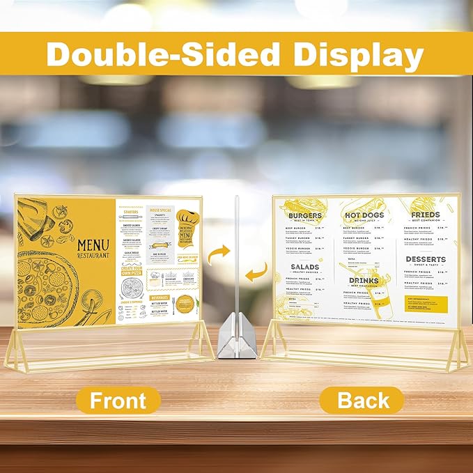 EHWINE 4 Pack Acrylic Sign Holder 8.5 x 11 Horizontal, Double-Sided Stand up Table Top Sign Holders, Gold Acrylic Picture Frame Menu Flyer Paper Holder Display Stand for Office Business Store Wedding Party