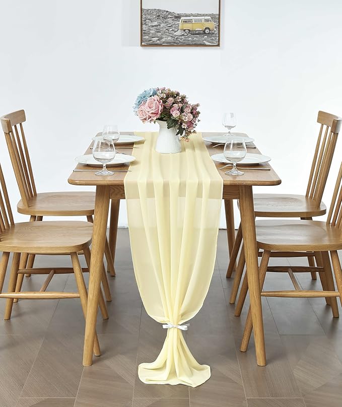 2 Pack 10Ft Light Yellow Chiffon Table Runner Sheer 29x120 Inch for Romantic Wedding Decor Bridal & Baby Shower Birthday Rustic Party Decoration