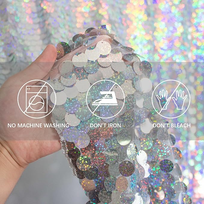 JYFLZQ Iridescent Silver Payette Sequin Backdrop Curtains 8ft x 8ft 1 Panel Glitter Thick Shimmer Backdrop Background Photo Booth Backdrops for Parties