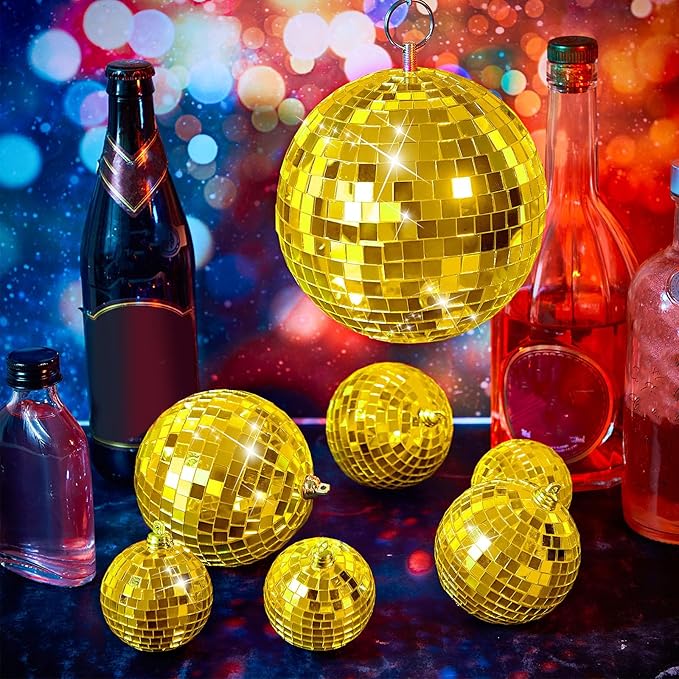 WILLBOND 12 Pack Disco Ball Mirror Ball with Hanging Ring for Fun Retro Disco Party Decorations Party Dj Lighting Effect Stage Props Game Accessories, 5.91", 3.94", 3.15", 2.36"(Gold)