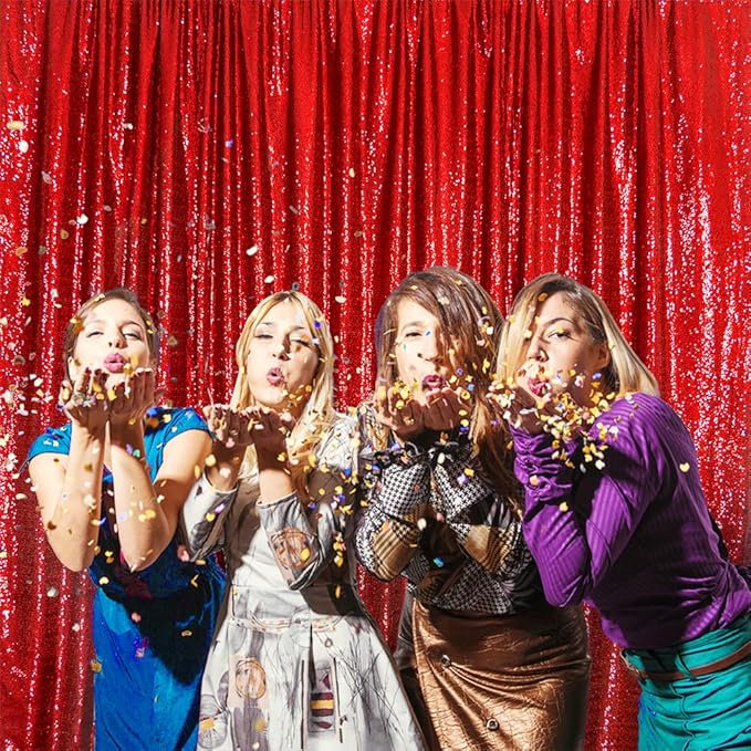 SquarePie Sequin Backdrop Curtain Less See Through Background for Wedding Christmas Party(8FT x 8FT, Red)