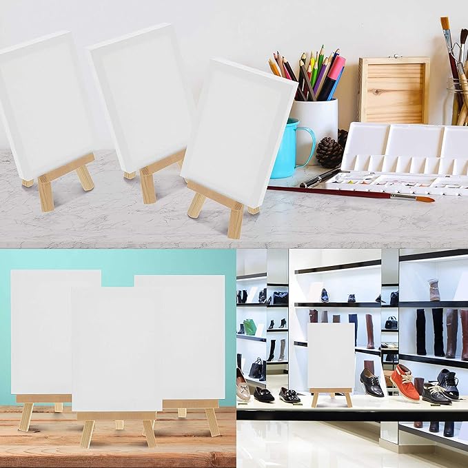 U.S. Art Supply 4" x 6" Stretched Canvas with 8" High Small Natural Wooden Easel (12 Pack), A-Frame Canvas Stand Tripod, Small Painting Easels - Tabletop Easel for Painting, Canvases, Student Crafts