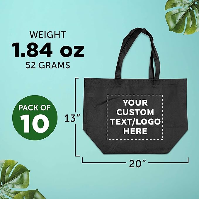DISCOUNT PROMOS Custom Southern Style Grocery Tote Bags Set of 10 - Personalized Bulk Pack, Reusable Grocery & Shopping Bags - Great for Travel, Carry on Bag, Business Promotions - Black - 20"X13"X8"