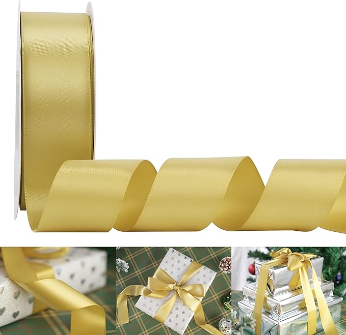 HUIHUANG 1.5 inch Wide Satin Ribbon 50 Yards Gold Double Face Polyester Silk Satin Ribbon for Gift Wrapping Hair Bows Making Floral Bouquet Wedding Invitation Decor Party Favor and Craft Supplies