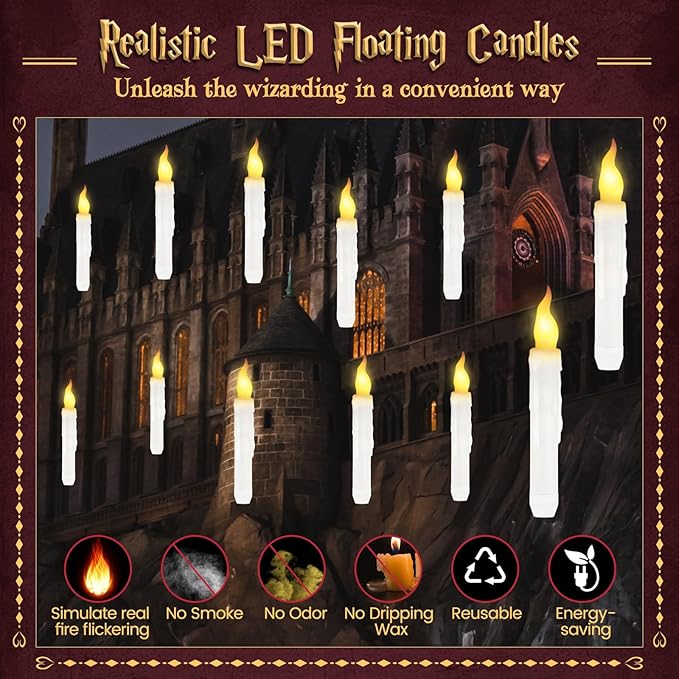 Halloween Decorations, Floating Candles with Wand, 12 PCS Magic Hanging Candles, Flickering Flameless Floating LED Candle, Witch Wizard Christmas Decor for Home Classroom Bedroom Church Birthday Party