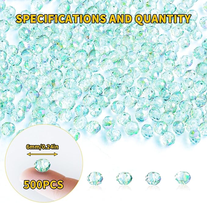 500Pcs 6mm Crystal Glass Beads for Jewelry Making Beads for Bracelets Necklace Pendants Making Supplies(Light Blue Green)