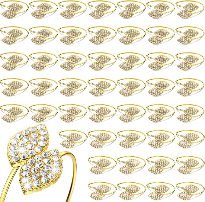 Hotop 400 Pcs Napkin Rings Gold Table Decorations, Elegant Bling Leaves Napkin Rings, Rhinestone Guest Towels Buckle for Wedding Gold Party, Thanksgiving Christmas Dinner Banquet Table Decoration