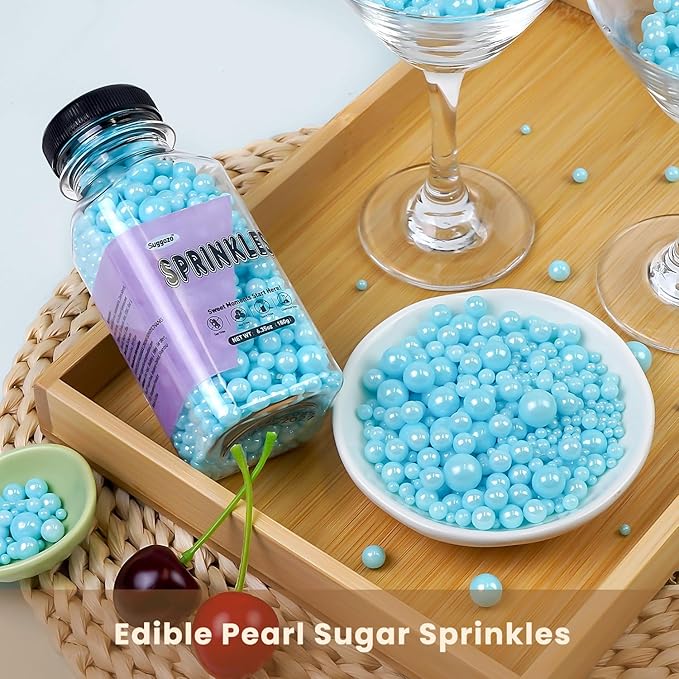 Edible Blue Pearl Sprinkles, Edible Sugar Sprinkles, Blue Pearls for Cake Decorating, Cupcake Toppers, Cake Decorations, Wedding Party Supplies, 180g/6.35oz