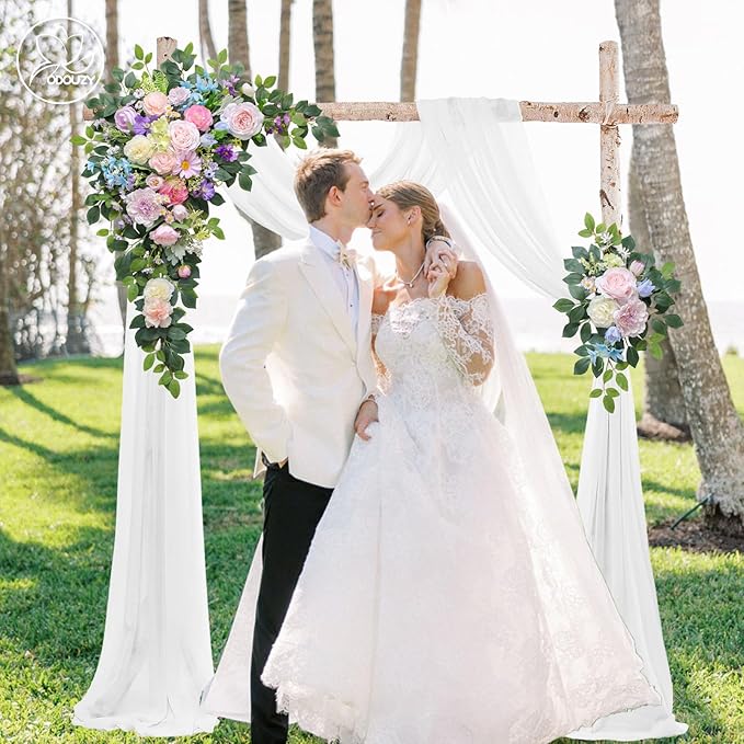 Wedding Arch Flowers Kit,Artificial Flower Arch Decor (Set of 3),2pcs Artificial Flower Arrangement with 1pc Sheer Drape for Wedding Decor Reception Backdrop Floral Decorations (Bluish Pink)