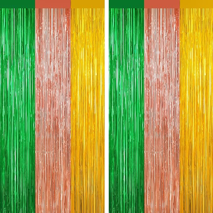 2 Pack Metallic Tinsel Foil Fringe Curtains, Door Streamers Photo Booth Backdrop for Birthday Party, Tinsel Curtain Backdrop for Baby Shower Christmas Party Decorations, Green Rose Gold and Gold