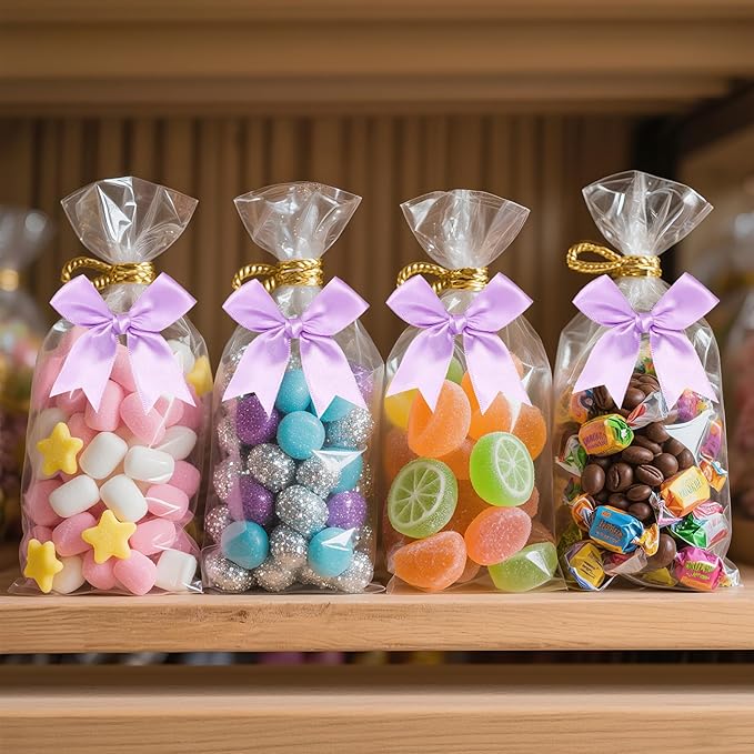 50 PCS Twist Tie Bows Satin Ribbon Bows 3.3 Inch Gift Wrap Bows Craft Bows for Gift Wrapping, Party Decorations Gifts Bag DIY Treat Bags Wedding Decor Baby Shower Christmas (Light Purple)