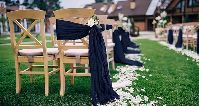50 PCS Cheesecloth Chair Sashes, Bows Designed ChairSashes, 15.7x108 inch Chair Sashes for Aisle Decorations Universal Chairs Cover Decoration for Wedding Reception Party Banquet (Navy Blue)