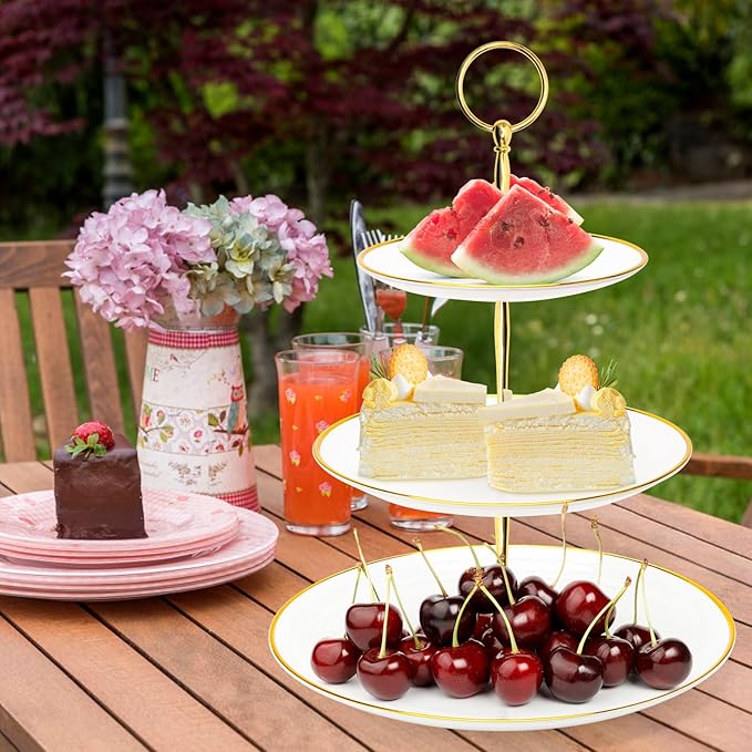 Coitak 3 Tier Cupcake Stand, Plastic Tiered Serving Stand, Dessert Tower Tray for Tea Party, Baby Shower and Wedding (Round-gold edge)