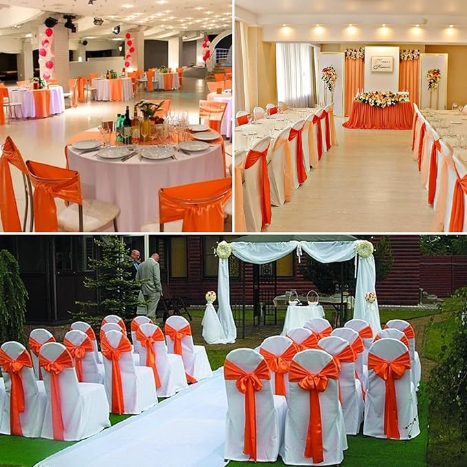 100 PCS Satin Chair Sashes Decorative Bow Chair Sashe Ties Ribbon Bows Chairs Cover Band for Wedding Birthday Party Ceremony Reception Banquet Events Hotel Home Kitchen Thanksgiving(7x 108inch,Orange)