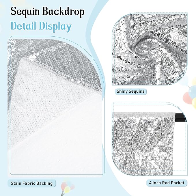 SquarePie Sequin Backdrop Not See Through Thick Stain Background for Photography Glitter Curtain Party 10FT x 10FT Silver