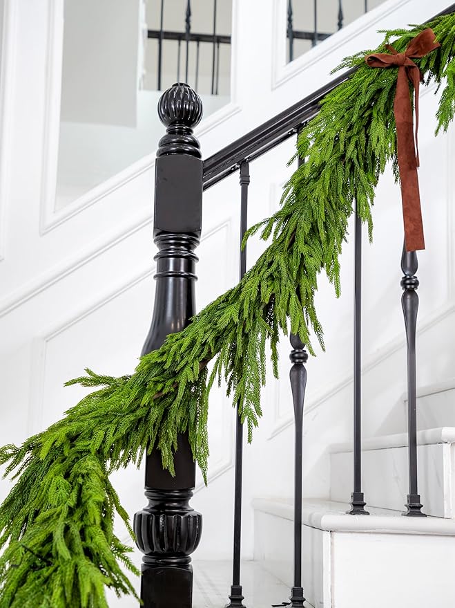 15FT Christmas Garland Real Touch Norfolk Pine Garland Winter Pine Garland for Mantle Stairs Railing Table Fireplace Wall Indoor Outdoor Holiday Xmas Decor Decoration