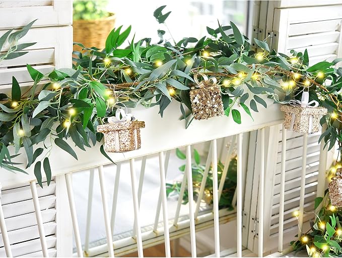 Artificial Willow Garland with Lights & Ornaments – 2-Pack Lighted Greenery Vine, USB Fairy Lights with Remote & Timer for Mantels, Weddings, Fireplace, Holidays, Parties & Everyday Home Decor