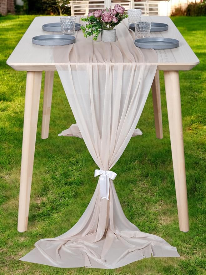 MDS 5 Pack 10ft Chiffon Table Runner 29 x 120 Inches Sheer Wedding Runner Romantic Rustic Table Runner for Wedding Decorations, Birthday Parties, Bridal Shower Party Arch Decor - Nude