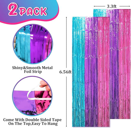 2 Pack Blue Purple Pink Foil Fringe Backdrop Curtains, Tinsel Streamers Party Decorations, Fringe Backdrop, Door Shimmer for Mermaid or Birthday Party