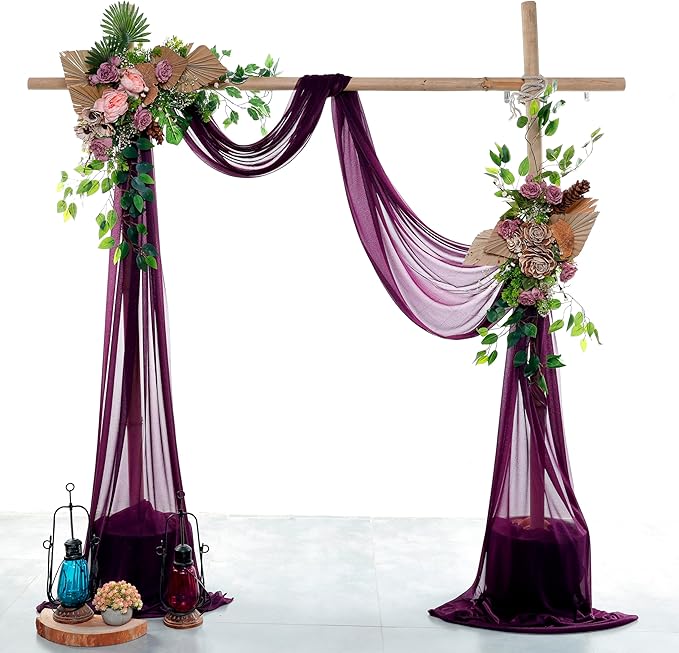 VDS Pack of 2 Panel (30 Inch X 50 Feet) Wedding Arch Draping Fabric Sheer Chiffon Fabric Drapery for Wedding Ceremony Reception Swag Backdrop Canopy Chuppah ARBO Altars Decoration (Eggplant)