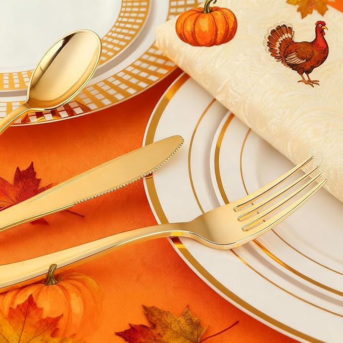 WDF 120 Pieces Gold Plastic Silverware - Disposable Flatware Set - Heavy Duty Thanksgiving Plastic Cutlery - Silverware Includes 40 Forks, 40 Spoons, 40 Knives