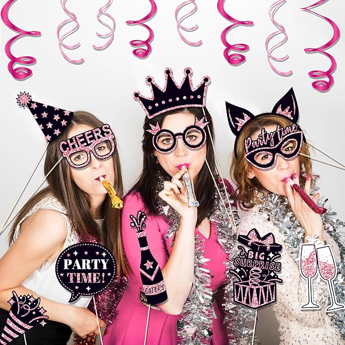 36 PCS Birthday Photo Booth Props Party Supplies Holiday Picture Decorations Photo Booth Props for Birthday Party Favors Pose Sign Kit Fun for Party (Black and Pink)
