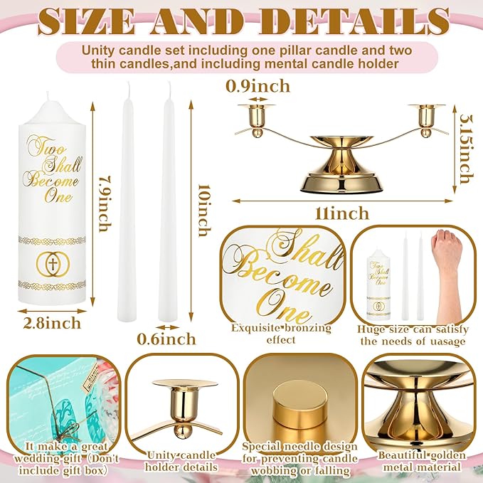 Irenare Unity Candles with Holder for Wedding Ceremony Wedding Decortions Accessories Glass Candle Holder Pillar Candle for Formal Events Church(Elegant)